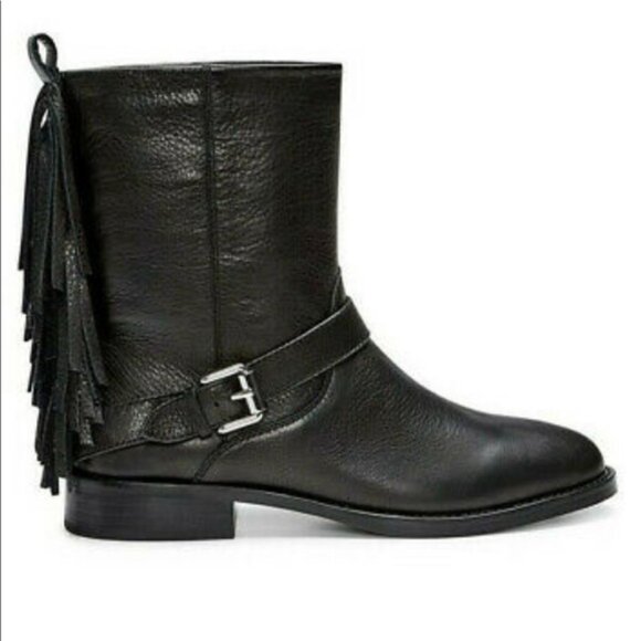 Rebecca Minkoff Sanura Booties 6.5 Black Western Leather Fringe Buckle Moto - Picture 1 of 16